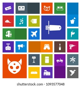 Modern, simple, colorful vector icon set with headwear, machine, airplane, work, tap, alien, aircraft, space, card, origami, flash, fashion, shorts, drill, sport, ufo, musical, white, template icons