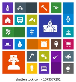 Modern, simple, colorful vector icon set with house, way, city, healthy, plate, dessert, tea, business, spring, cup, tool, nature, watch, equipment, vegetable, building, tent, direction, time icons