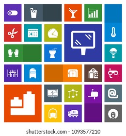 Modern, simple, colorful vector icon set with cut, banner, parachuting, schedule, character, mask, bed, pulse, scary, newborn, helmet, percussion, elevator, timetable, tool, musical, extreme icons