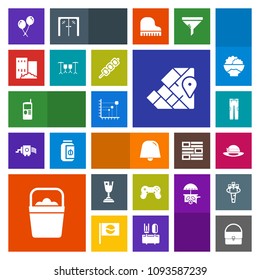 Modern, simple, colorful vector icon set with geography, business, water, achievement, grilled, celebration, sign, travel, drum, estate, map, diagram, mobile, first, atlas, food, house, bucket icons