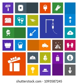 Modern, simple, colorful vector icon set with dessert, sign, wine, shovel, military, car, tool, play, present, meat, box, pie, food, toy, construction, celebration, sweet, childhood, roll, glove icons