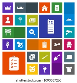 Modern, simple, colorful vector icon set with account, real, crown, camera, clothing, kid, calendar, shirt, street, checklist, plate, food, agenda, user, safety, woman, child, equipment, check icons