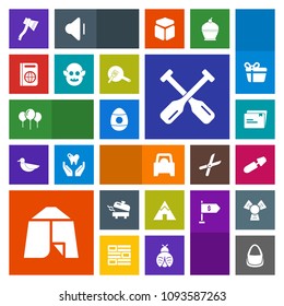 Modern, simple, colorful vector icon set with easter, heater, holiday, axe, outdoor, paper, brush, immigration, equipment, black, tent, bag, boat, makeup, oar, passport, camp, vehicle, mascara icons