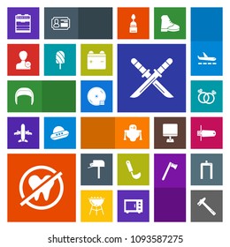 Modern, simple, colorful vector icon set with mail, engagement, cooking, diamond, belt, memory, romance, samurai, android, kitchen, white, food, ladle, weapon, worker, ring, sword, card, cyborg icons