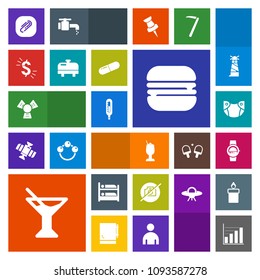 Modern, simple, colorful vector icon set with heater, gadget, diagram, hostel, bar, care, paperclip, juice, dollar, picture, smart, alcohol, currency, sandwich, burger, cheeseburger, water, baby icons