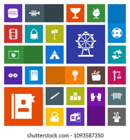 Modern, simple, colorful vector icon set with movie, needle, adventure, food, vacation, wheel, camp, sandwich, parachute, magic, tent, travel, white, eye, web, film, sea, bed, snack, check, fish icons