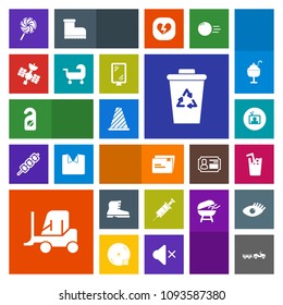 Modern, simple, colorful vector icon set with carriage, food, recycle, paper, trash, background, cargo, footwear, shipping, fashion, truck, drill, technology, satellite, document, drink, clinic icons
