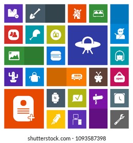 Modern, simple, colorful vector icon set with equipment, food, clothes, vacation, cheeseburger, screen, technology, hotel, communication, tool, white, male, image, transportation, gadget, travel icons