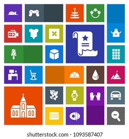 Modern, simple, colorful vector icon set with hat, religious, construction, bar, element, gadget, time, square, architecture, baby, handle, meat, chocolate, film, ice, flower, helmet, building icons