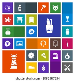 Modern, simple, colorful vector icon set with train, cleaner, brush, toothpaste, food, beacon, fire, tooth, canoe, music, japan, dental, dirt, headphone, paddle, boat, lighthouse, quad, light icons