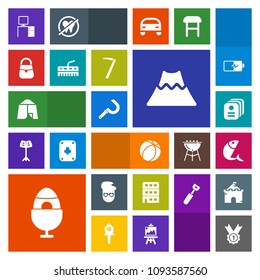Modern, simple, colorful vector icon set with city, spring, harvesting, architecture, holiday, landscape, football, card, decoration, soccer, easter, volcano, seafood, camp, id, house, ball, sea icons