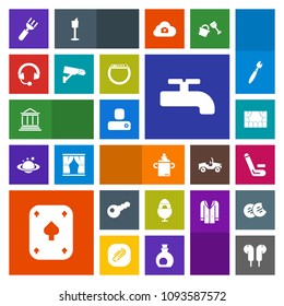 Modern, simple, colorful vector icon set with banking, plastic, surveillance, restaurant, play, match, safety, water, human, social, camera, sound, headphone, spring, bottle, decoration, theater icons