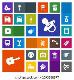 Modern, simple, colorful vector icon set with music, child, fireplace, pacifier, power, border, scuba, sake, brush, electricity, warm, musical, sport, christmas, japan, letter, kid, infant, fire icons