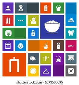 Modern, simple, colorful vector icon set with toothbrush, bowl, dish, computer, space, plane, internet, lamp, hygiene, science, white, holiday, train, exploration, transport, van, flashlight icons