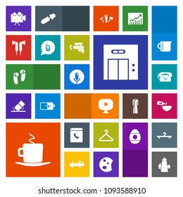 Modern, simple, colorful vector icon set with play, kitchen, pistol, office, ringing, phone, fashion, video, audio, sound, food, lift, music, microphone, communication, internet, record, voice icons