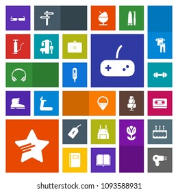 Modern, simple, colorful vector icon set with equipment, work, joystick, dryer, modern, medical, clothes, music, location, cook, sign, collection, fashion, uniform, cassette, clothing, hairdryer icons