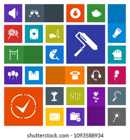 Modern, simple, colorful vector icon set with white, game, cocktail, sweet, mic, check, tool, paint, sea, drink, equipment, glass, volume, exercise, hat, audio, wand, food, domestic, sound, bar icons