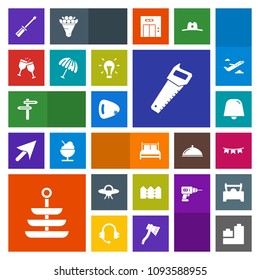 Modern, simple, colorful vector icon set with glass, happy, musical, equipment, dinner, celebration, music, ball, guitar, plate, background, spaceship, umbrella, bear, food, sign, repair, flag icons