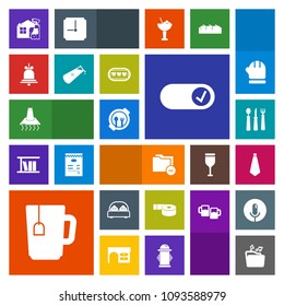 Modern, simple, colorful vector icon set with healthy, cooking, furniture, plate, drink, file, chemistry, dentist, alarm, spray, kid, fashion, notification, alert, music, tea, kitchen, bed, data icons