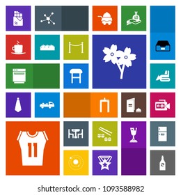 Modern, simple, colorful vector icon set with sushi, game, family, interior, xray, table, bottle, comfortable, oven, dinner, video, dessert, sakura, seafood, camera, machine, beverage, stove icons