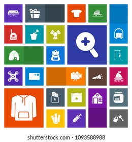 Modern, simple, colorful vector icon set with conditioner, equipment, bar, adventure, sand, outdoor, food, glass, projection, event, zoom, clothing, bag, medical, cooler, play, medicine, school icons