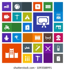 Modern, simple, colorful vector icon set with truck, league, equipment, certificate, agricultural, achievement, flight, barrier, favour, sport, medical, asian, table, diploma, transport, bed icons