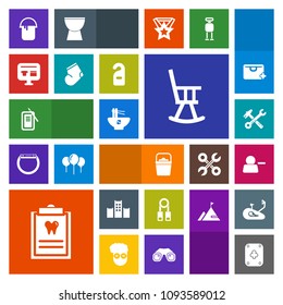 Modern, simple, colorful vector icon set with bucket, japan, tool, handle, play, presentation, game, dental, hammer, account, painter, hotel, person, clinic, office, interior, training, inkstone icons