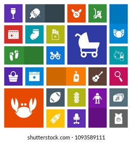 Modern, simple, colorful vector icon set with glass, basketball, wine, traffic, happy, extreme, time, baby, ball, calendar, carriage, seafood, cleaner, alcohol, pram, crab, zoom, kid, bike, quad icons