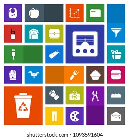 Modern, simple, colorful vector icon set with trash, waste, antenna, knife, recycling, cheeseburger, brush, sandwich, toy, wireless, people, box, glass, child, burger, message, infant, clean icons