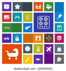 Modern, simple, colorful vector icon set with baby, report, meat, document, key, glass, kitchen, chicken, graph, handle, bird, carriage, mobile, phone, camera, gas, alcohol, telephone, brush, up icons