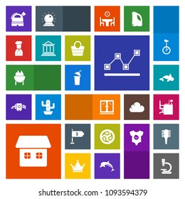 Modern, simple, colorful vector icon set with restaurant, office, science, fashion, home, grill, banking, microscope, kamon, bank, drink, white, barbecue, table, finance, fish, chief, location icons