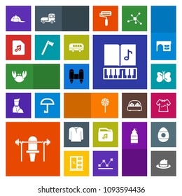Modern, simple, colorful vector icon set with baby, bus, insect, craft, hammer, sea, fitness, kid, fresh, rocket, tool, beauty, hat, clothing, equipment, candy, lollipop, sport, butterfly, music icons