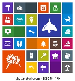 Modern, simple, colorful vector icon set with palm, food, bell, candle, bulb, calendar, decoration, box, geography, world, lamp, electricity, leaf, boat, ship, cooking, light, transportation icons