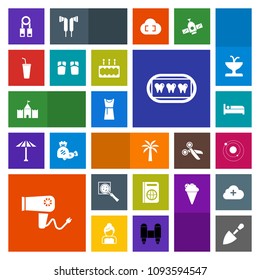 Modern, simple, colorful vector icon set with tower, equipment, white, presentation, , female, space, construction, drink, travel, dental, hair, immigration, system, science, search, passport icons