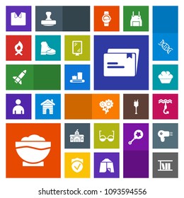 Modern, simple, colorful vector icon set with eyeglasses, chef, sweet, banner, book, cake, flame, restaurant, document, road, house, fashion, architecture, luggage, food, building, government icons