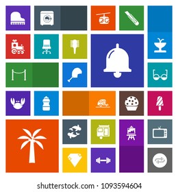 Modern, simple, colorful vector icon set with music, toy, eye, transport, musical, call, hair, trailer, dessert, eyeglasses, brush, fish, ice, journey, fence, chair, armchair, white, piano, sea icons