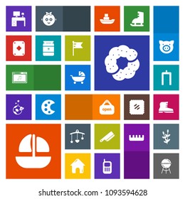Modern, simple, colorful vector icon set with store, work, ship, toy, shop, pram, desk, sea, online, cooking, cutlery, business, kitchen, open, doughnut, scan, knife, leather, stroller, kid, bbq icons