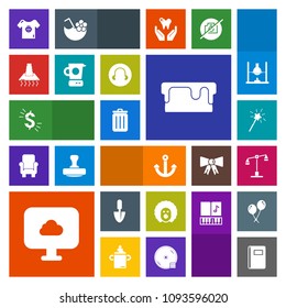 Modern, simple, colorful vector icon set with tool, law, sweet, wand, judge, work, science, cake, recycling, food, child, page, baby, cooking, dollar, dessert, currency, clothing, hood, clown icons