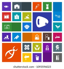 Modern, simple, colorful vector icon set with toothbrush, marine, website, clinic, happy, bowling, music, analytics, travel, online, dentist, dental, white, pin, musical, space, airplane, drill icons