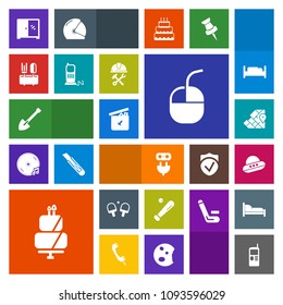 Modern, simple, colorful vector icon set with furniture, ball, equipment, power, mouse, geography, internet, technology, travel, atlas, spacecraft, energy, computer, dinner, game, sport, shovel icons