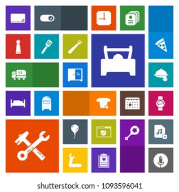 Modern, simple, colorful vector icon set with car, equipment, clothing, fashion, restaurant, sound, chalk, home, school, web, internet, transport, delivery, clothes, security, spanner, truck icons
