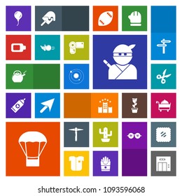 Modern, simple, colorful vector icon set with balloon, ninja, vacation, food, hot, elevator, science, sport, celebration, hotel, restaurant, decoration, kitchen, planet, office, samurai, kettle icons