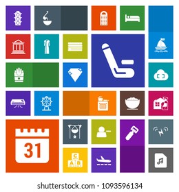 Modern, simple, colorful vector icon set with potato, schedule, light, housework, cleaner, lamp, oven, cricket, sound, green, food, match, note, timetable, safety, account, sign, calendar, fast icons