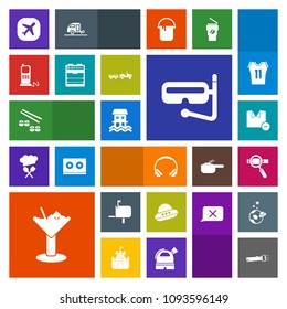 Modern, simple, colorful vector icon set with ufo, snorkel, man, post, sushi, mail, mailbox, drink, japan, plane, space, audio, fish, phone, alcohol, glass, cocktail, bar, white, spaceship, box icons