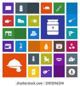 Modern, simple, colorful vector icon set with bubble, hand, pointer, pin, rocket, equipment, pram, estate, record, baby, sport, water, food, business, sound, nutrition, desk, pot, stroller, meal icons