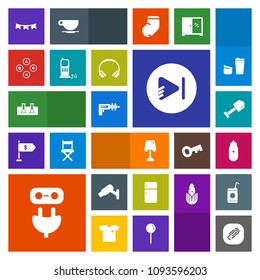Modern, simple, colorful vector icon set with music, construction, technology, power, fun, clip, refrigerator, science, sign, laboratory, computer, lamp, test, safety, electricity, celebration icons