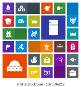 Modern, simple, colorful vector icon set with light, briefcase, rubber, safety, sun, ocean, red, business, shop, space, surf, glass, sign, jacket, sweet, sport, orbit, food, fridge, chief, child icons