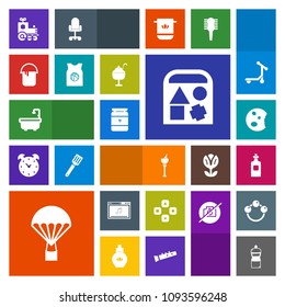 Modern, simple, colorful vector icon set with food, cleaner, sport, wine, paint, toilet, extreme, sign, bucket, computer, fitness, fun, game, jump, health, online, liquid, parachute, toy, sky icons