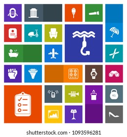 Modern, simple, colorful vector icon set with oven, plane, mark, check, call, shoe, shower, sound, equipment, list, cut, sailboat, checklist, gardening, travel, hook, female, kitchen, pruning icons