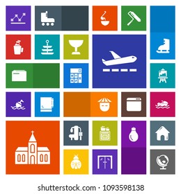 Modern, simple, colorful vector icon set with food, religious, vessel, calculator, globe, exercise, church, boat, paper, ocean, file, document, airport, fitness, accounting, gym, drawing, young icons